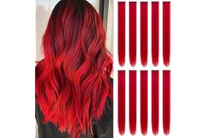 TOFAFA 22 inch Colored Hair Extensions Straight Hairpiece, Colorful Hair Extensions Party Highlights Clip in Long Synthetic for Christmas Girls Women Kids Cosplay Favor Gift(10 PCS Red)