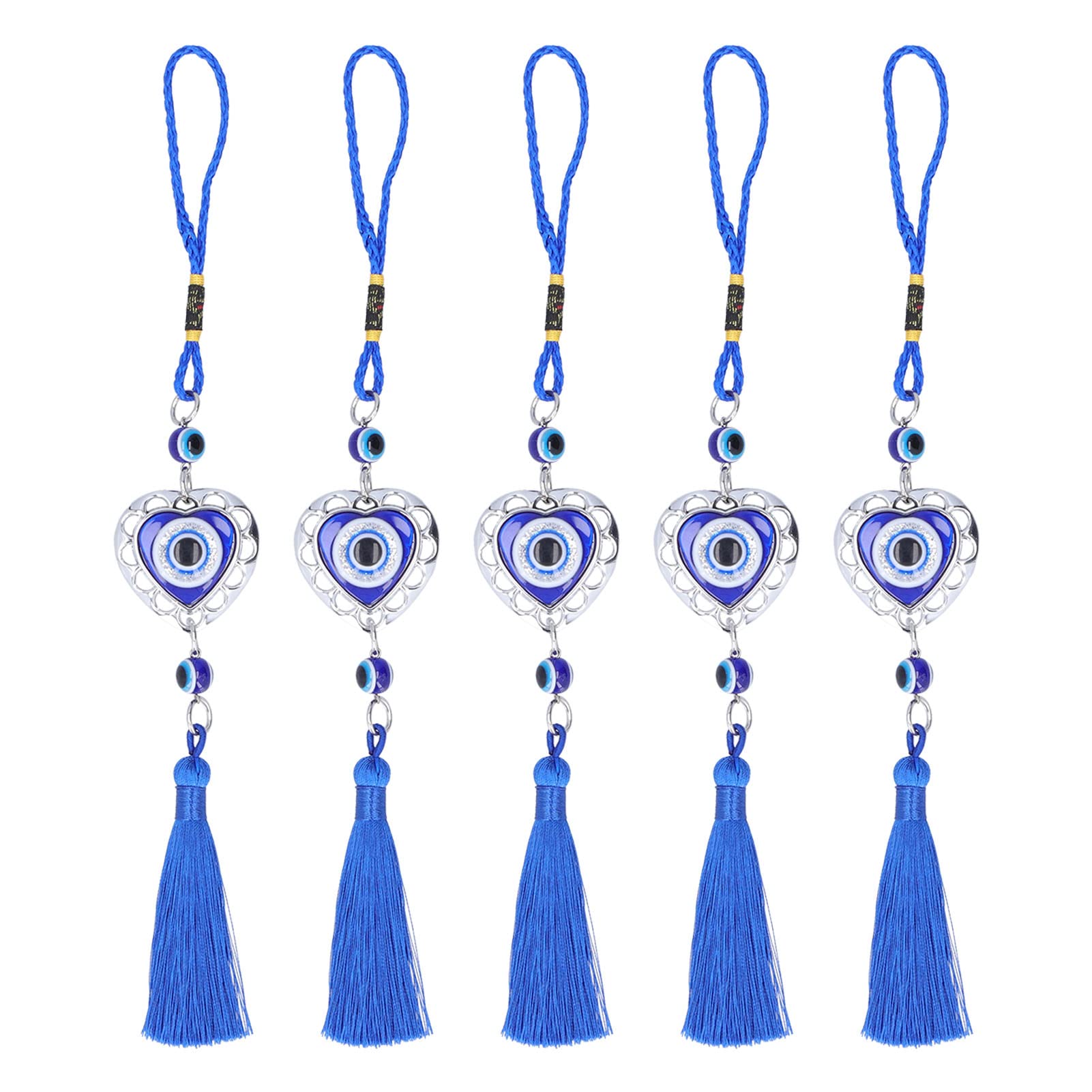 Hapivida 5Pcs Blue Evil Eyes Blessing Charm,Classic Turkish Evil Eyes Wall Hanging Amulet, 26.5cm Decorative Evil Eyes Charm with Tassel for Home and Office Car Housewarming Gift(Heart)