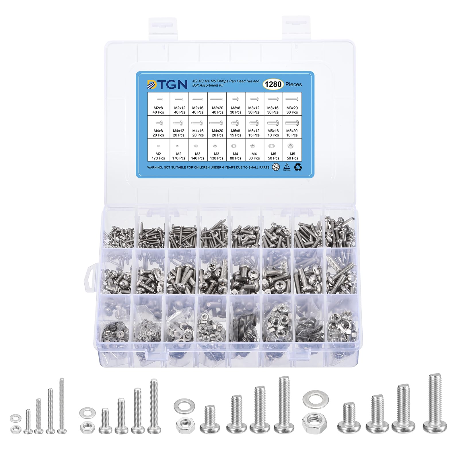 DTGN 1280Pcs Machine Screws Assortment Kit, M2 M3 M4 M5 Phillips Pan Head Nut and Bolt Assortment Kit, 304 Stainless Steel, Metric Bolt Assortment With Washers