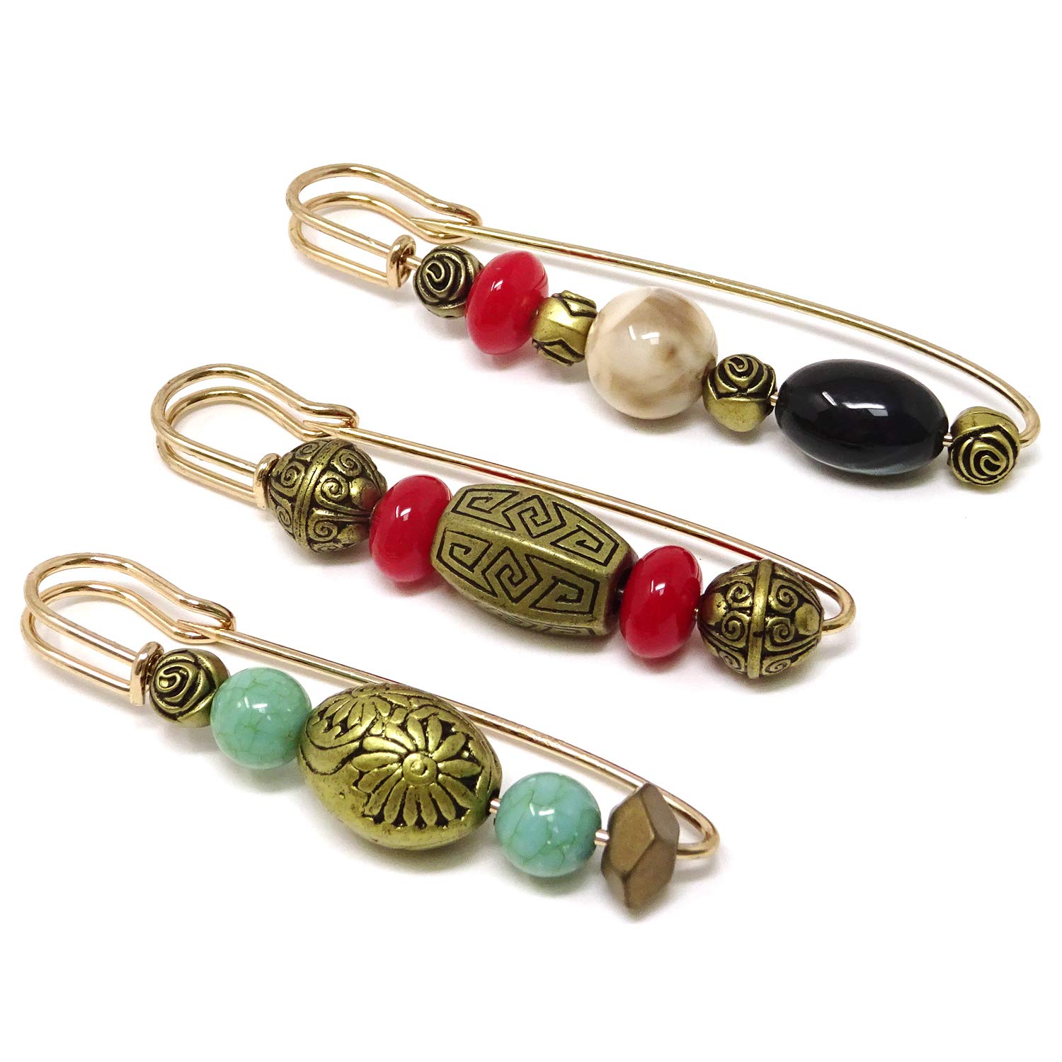 Honbay 3PCS Vintage Beaded Brooch Large Safety Pins for Sweaters, Shawls, Collars, Dresses and Most Clothes