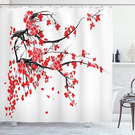 Amazon Com Ambesonne Floral Shower Curtain Japanese Cherry Blossom Sakura Blooms Branch Spring Inspirations Print Cloth Fabric Bathroom Decor Set With Hooks 70 Long Vermilion White Home Kitchen