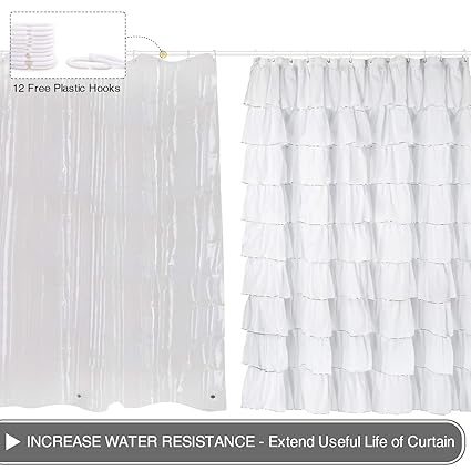 Superb Set Pack Of 2 White Ruffle Wave Shower Curtain Fabric