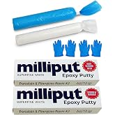Milliput Superfine White Epoxy Putty 2 Pack - Porcelain Repair Kit | Fixes sinks, tubs, tiles and ceramic. 2 x 4 oz packs, 8 oz total, with 2 pairs of gloves. Waterproof, Paintable, Sandable.
