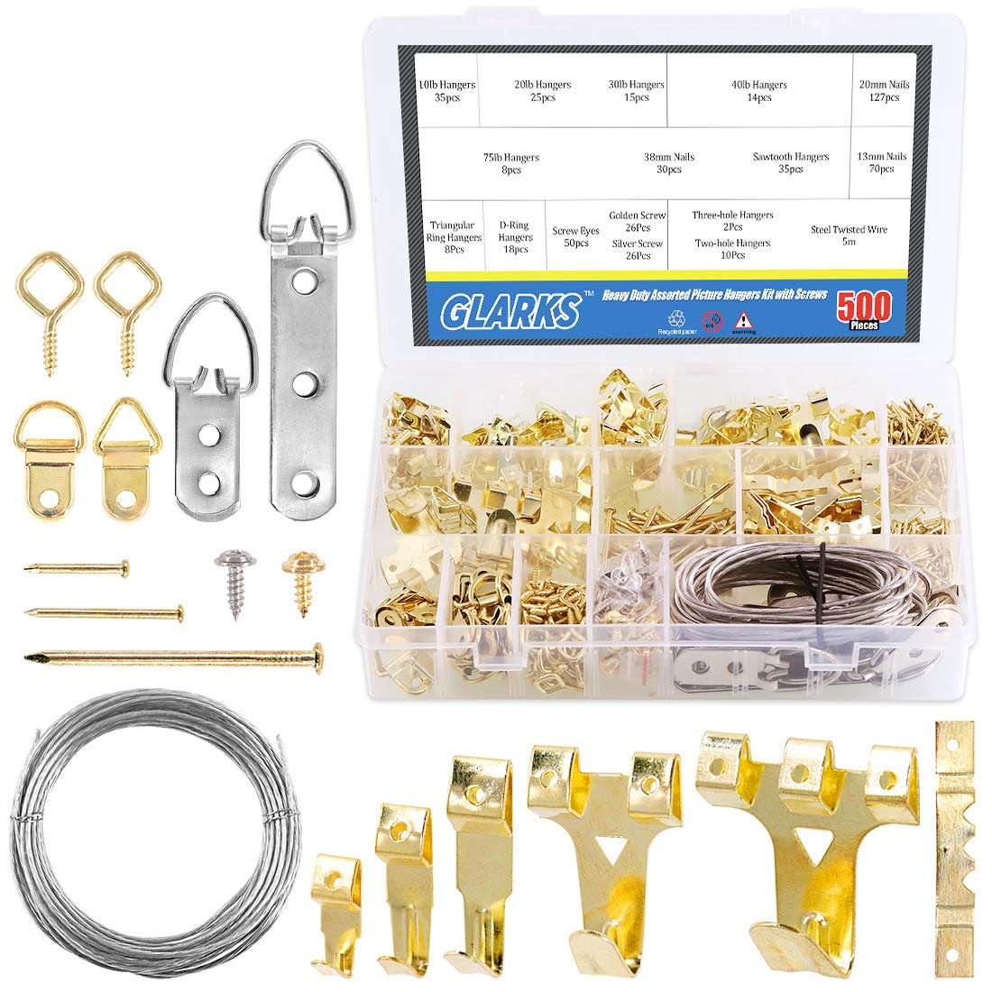 GLARKS G-920 500Pcs Picture Hanging Kit, Heavy Duty Picture Hanger Frame Hook Hardware with Nails, Hooks, Hanging Wire, Screw Eyes, D Ring and Sawtooth Hanger for Frame Hanging Wall Mounting