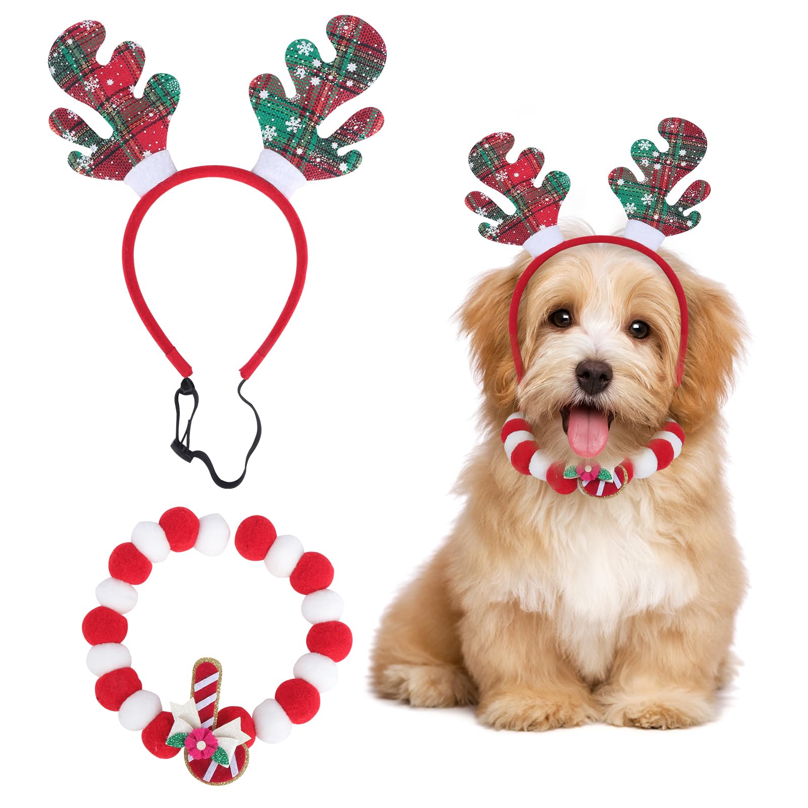 Reindeer Antlers for Dogs Cat Headband, Pet Christmas Outfit, Small Dog Reindeer Costume, Xmas Dog Deer Hat, Christmas Pom Pom Collar for Puppy Dog Cat