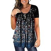 BeadChica Women's Plus Size Tunic Tops Casual Flowy Tshirts Ruched Botton Up Short Sleeve Blouses-Floral-3XL Black Blue