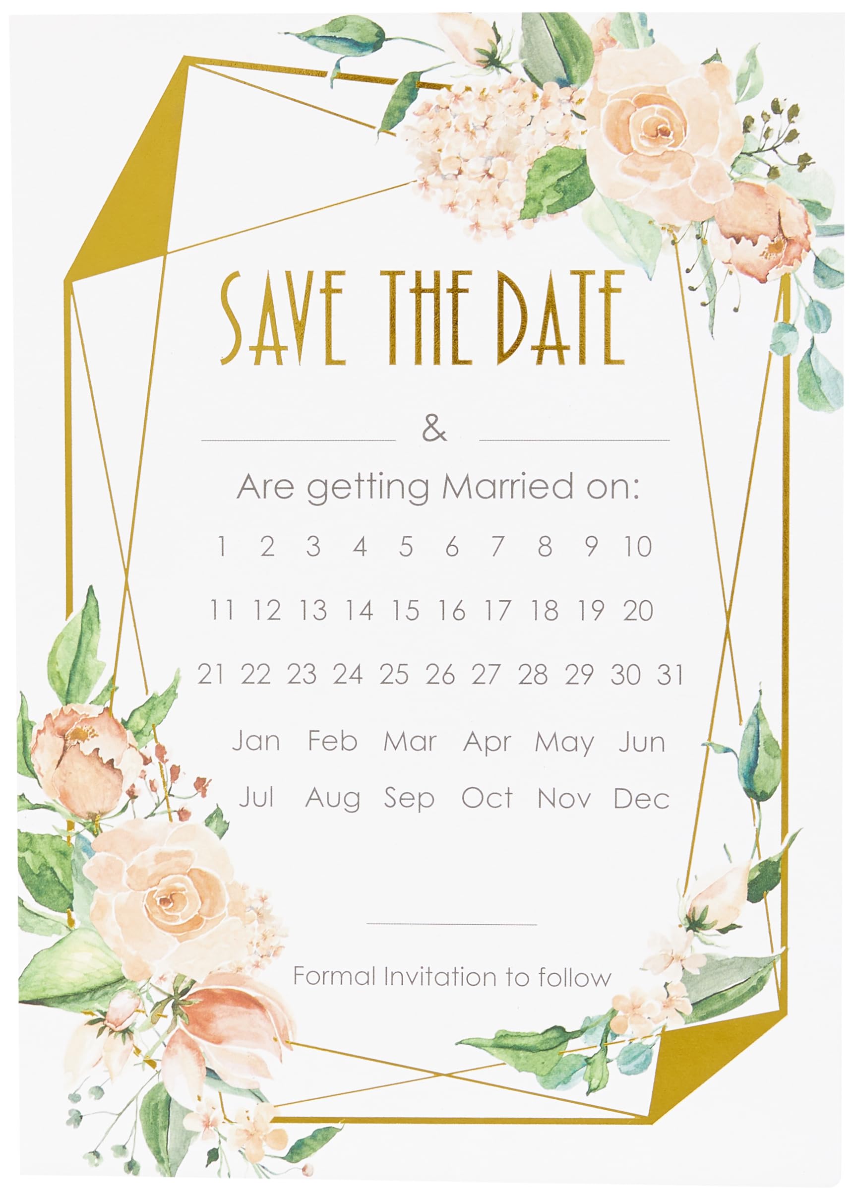 Neviti 775288 Geo Floral Cards-10 Pack Save The Date Cards, Pink/Peach/Gold, 20.7 x 14.6 x 0.1