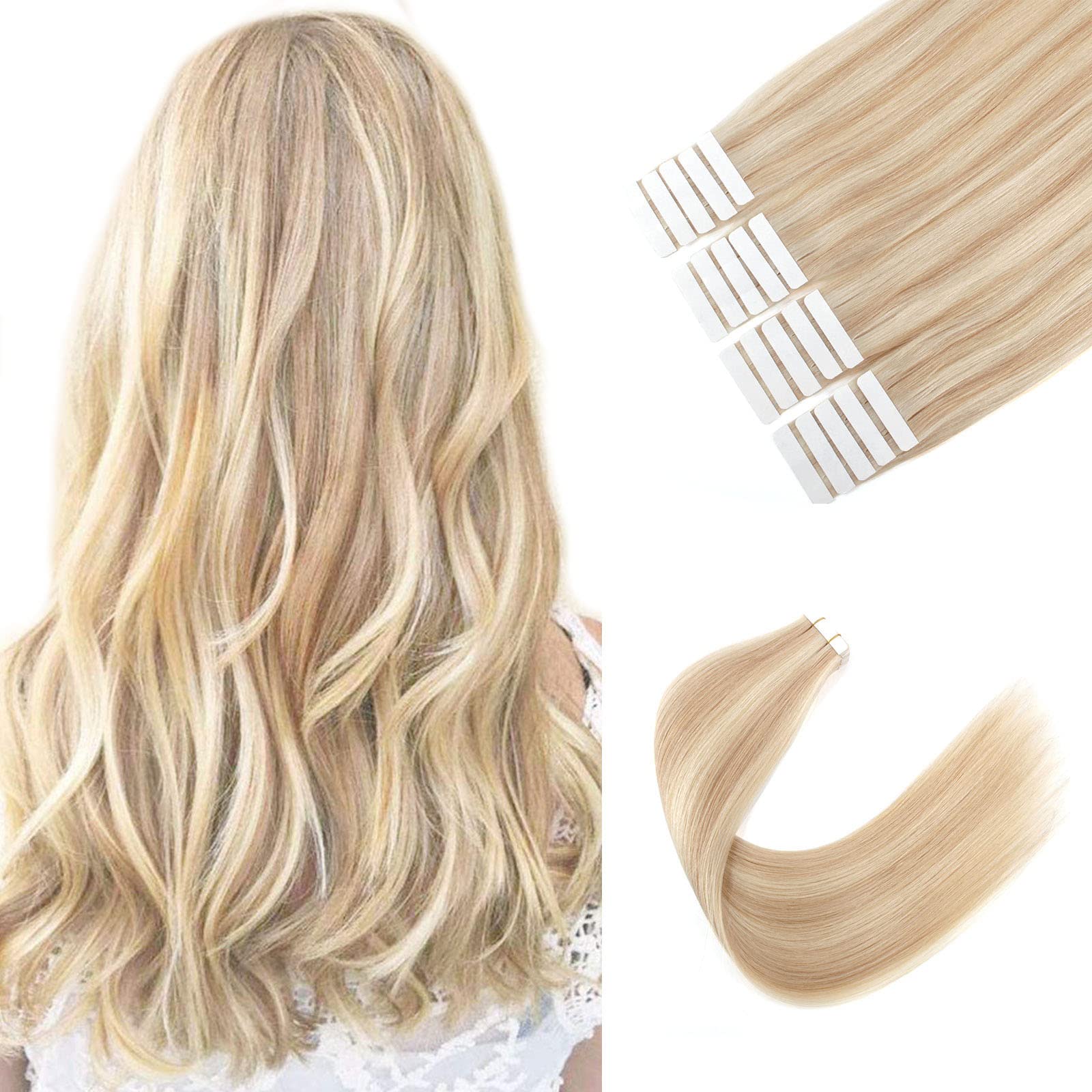 Sixstarhair Highlight Blonde Tape in Hair Extensions Human Hair Tape Extensions Dark Dirty Blonde Mixed with Ash Blonde P12-60 Remy Human Hair Premium Hair Extensions [Color P12-60 20inch] — image 1