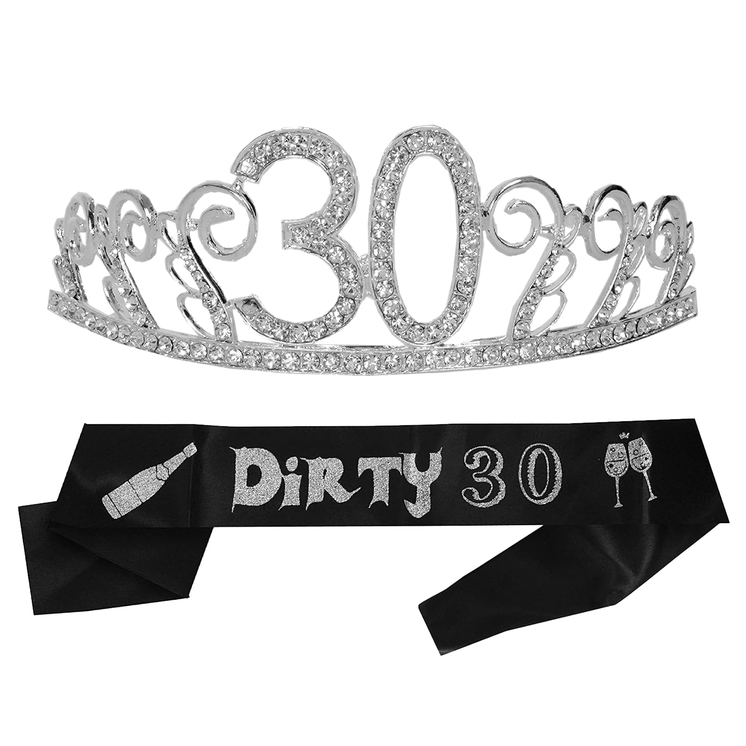 30th Birthday Gifts, 30th Birthday Tiara and Sash, HAPPY 30th Birthday Party Supplies, Dirty 30 Glitter Satin Sash and Crystal Tiara Birthday Crown for 30th Birthday Party Supplies and Decorations