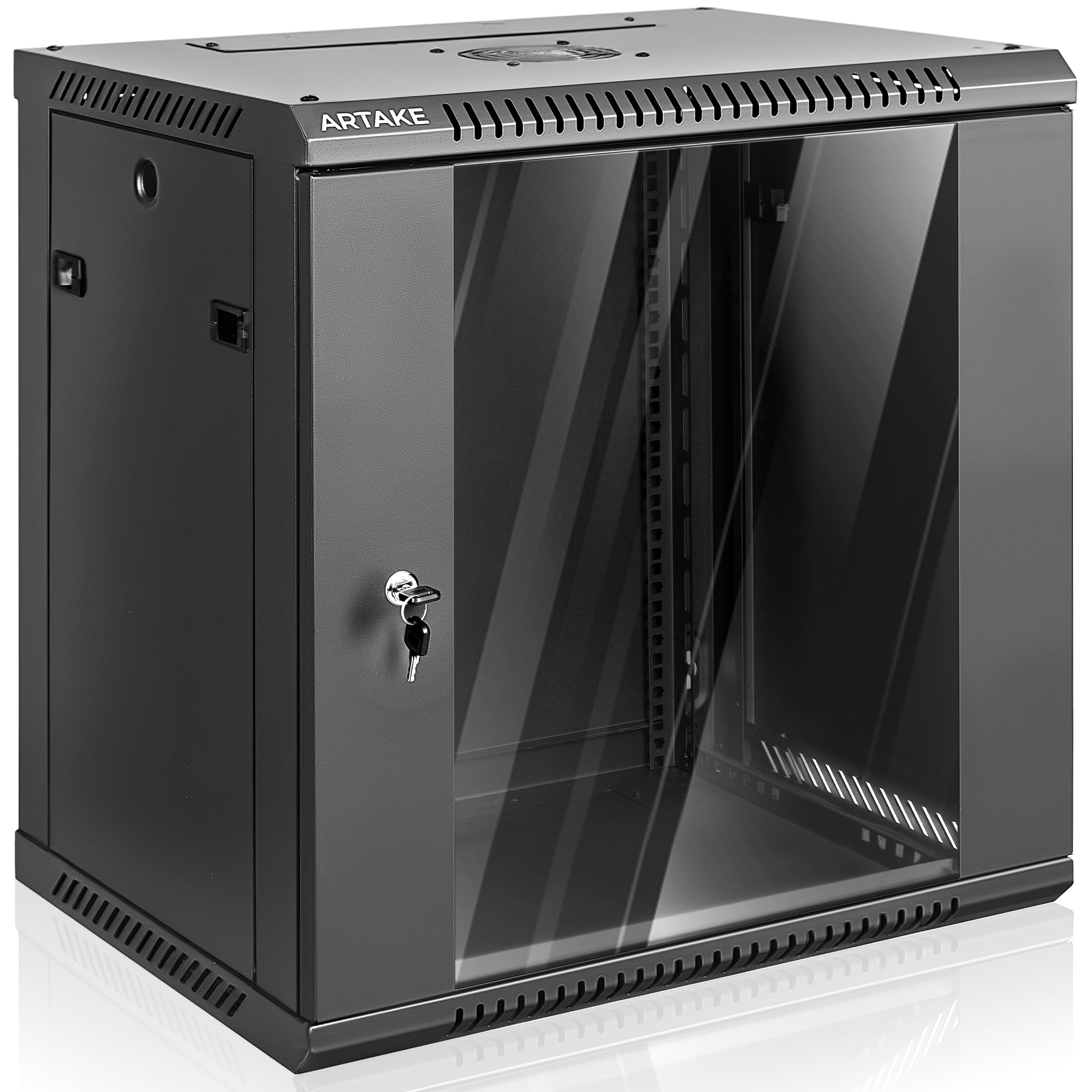 Photo 1 of 12U Wall Mount Network Cabinet, Server Rack Enclosure with Lockable Glass Door, Cooling Fan, Removable Side Panels - 17.7" Depth, for 19" IT Equipment, A/V Devices
