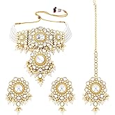 Aheli Traditional Gold Plated Kundan Choker Necklace Dangle Earring & Maang Tikka Ethnic Function Jewelry Set Gift for Women