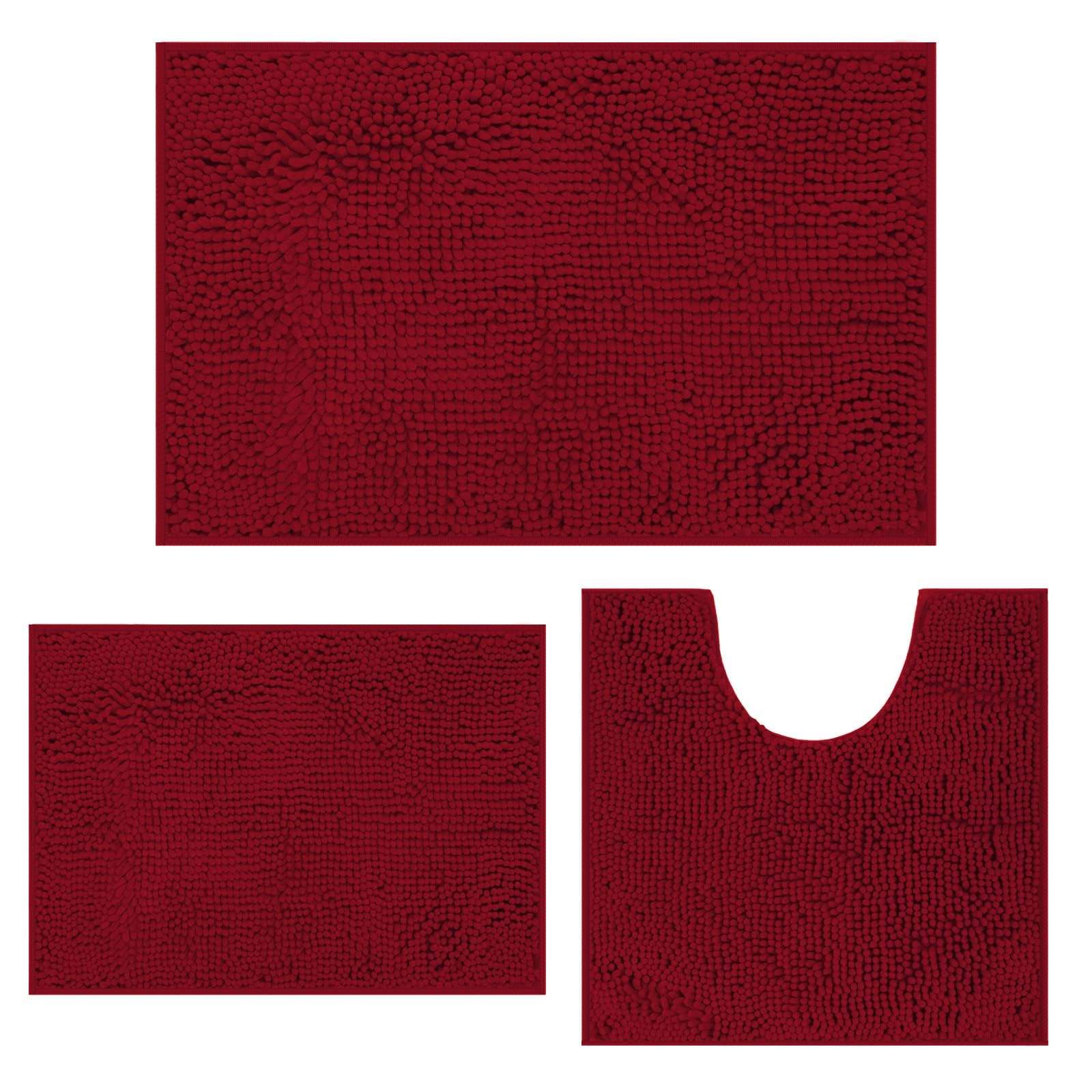 MEGAROOM Non Slip Chenille Bath Mat Set - Bathroom Mat Set with U-Shaped Toilet Mat - Soft and Anti Mould Bath Mat 3 Pieces for Safety and Comfort, Water Absorbent and Quick Drying（Dark Red）
