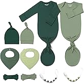 2PK Ultra Soft Knotted Newborn Sleep Gown for Baby Girls Boy- Coming Home Hospital Outfit with Hat, Bow, Clip & Drool Bib Set