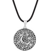HAQUIL Wiccan Pentagram Crescent Moon Necklace, Faux Leather Cord, Pagan Jewelry Gift for Men and Women