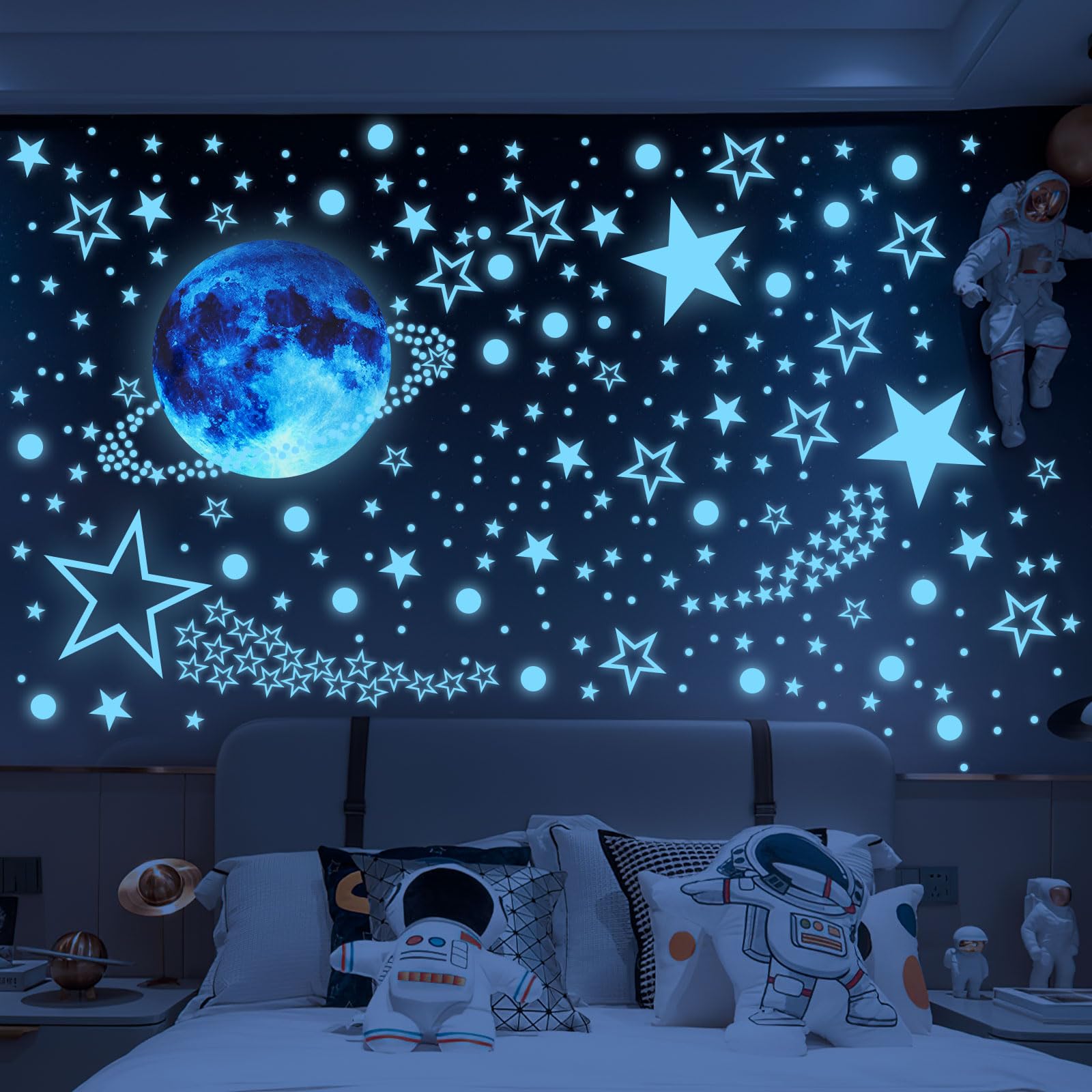 JUNEBRUSHS Glow in The Dark Stars Stickers, 999pcs Luminous Glowing Stars & Moon Wall Decal Planets Space Wall Stickers for Bedroom & Living Room Home Decor