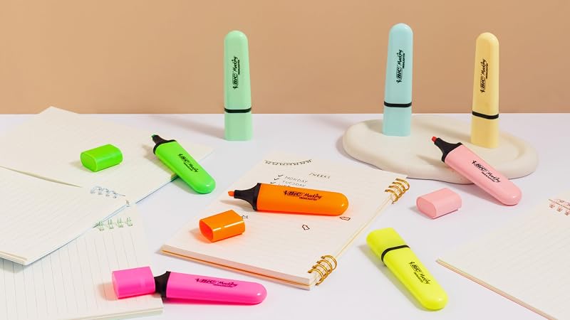 Marking Surligneurs à pointe biseautée et Longue Durée pour Usage Scolaire et Professionnel (1.2 mm-4.6 mm) - Couleurs Assorties Néon et Pastel, Boîte de 10