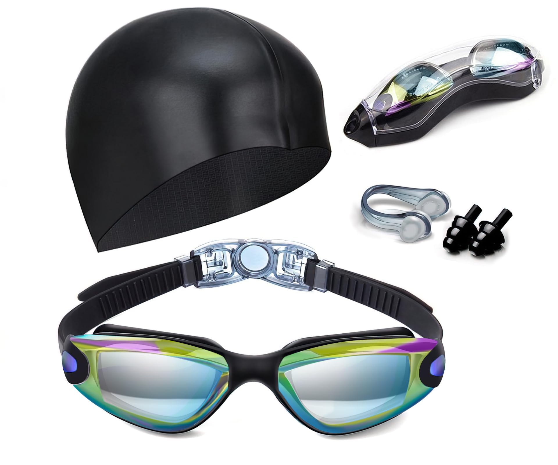 Hurdilen Swim Goggles Swimming Goggles No Leaking with Nose Clip, Earplugs, Swim Cap and Case for Men Women