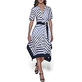 Karl Lagerfeld Womens Patterned Short Sleeves Belted Midi Dress