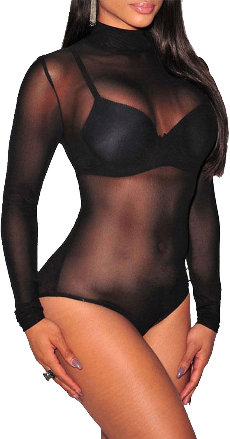 Ladies Sheer Mesh See Through Bodysuit Top Women Turtle Neck Long