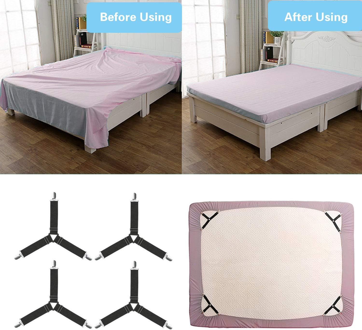 Rareccy Bed Sheet Holder Straps, Adjustable Bed Sheet Fastener and Triangle Elastic Mattress Sheet Clips Suspenders Grippers Fasteners Heavy Duty Keeping Sheets Place for Bedding Mattress (4 PCS): Home & Kitchen