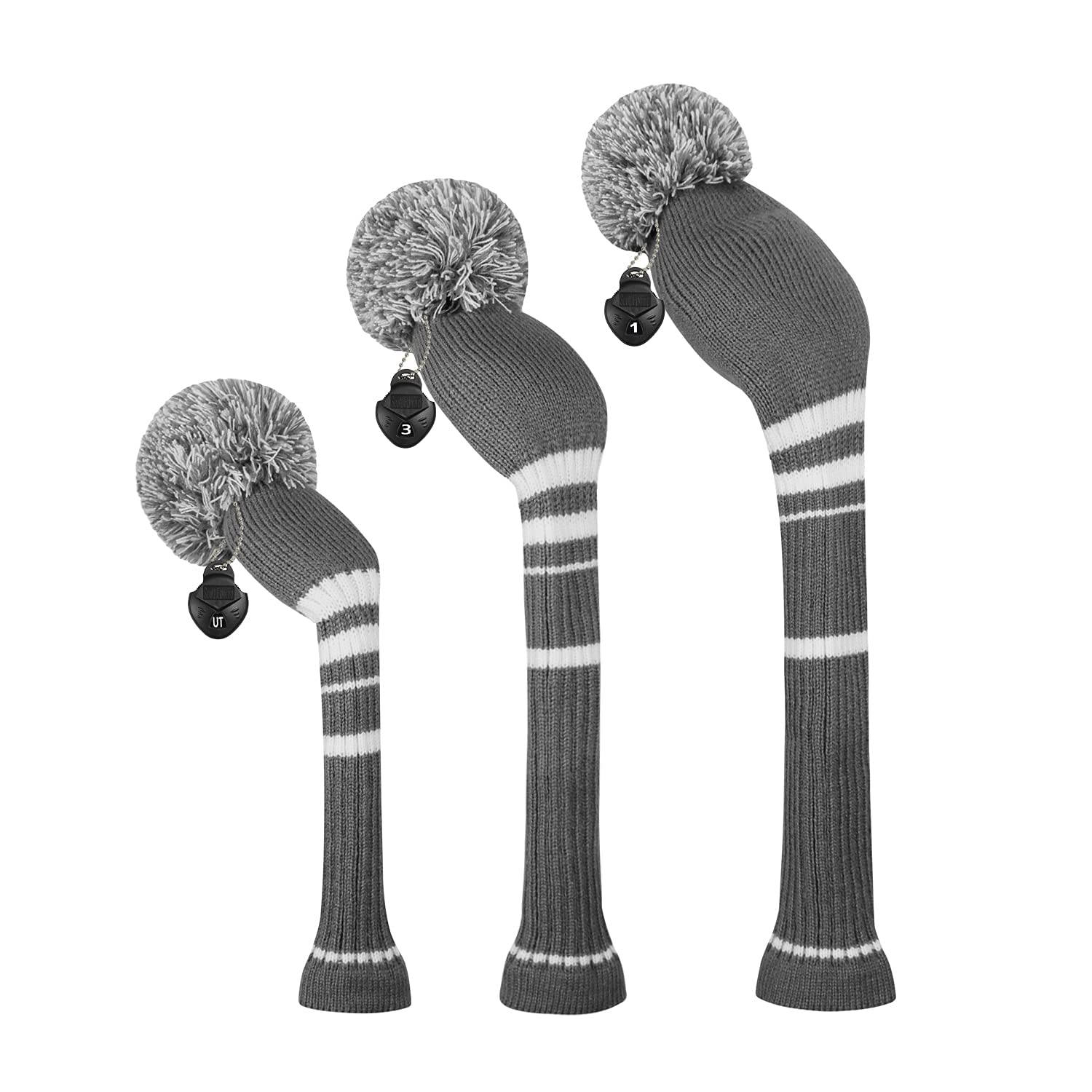 Meili Knit Golf Headcovers, Set of 3 for Driver Wood, Fairway Wood and Hybrid, Long Neck,Big Pom Pom, Men/Women (Steel Gray White Stripes)