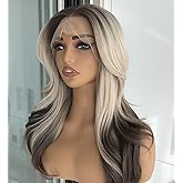 mytonecoo Short Wavy Blonde Wig for Women Synthetic Lace Front Wig Pre Plucked Ombre Blonde Layered Wig with Bangs Natural Wavy Shoulder Length Daliy Party Use 18 Inch