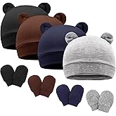 Newborn Baby Hat and Mittens Set Bear Ears Toddler Infant Beanie Caps Newborn Hospital Hat for Baby Boy Girl 0-3 Months