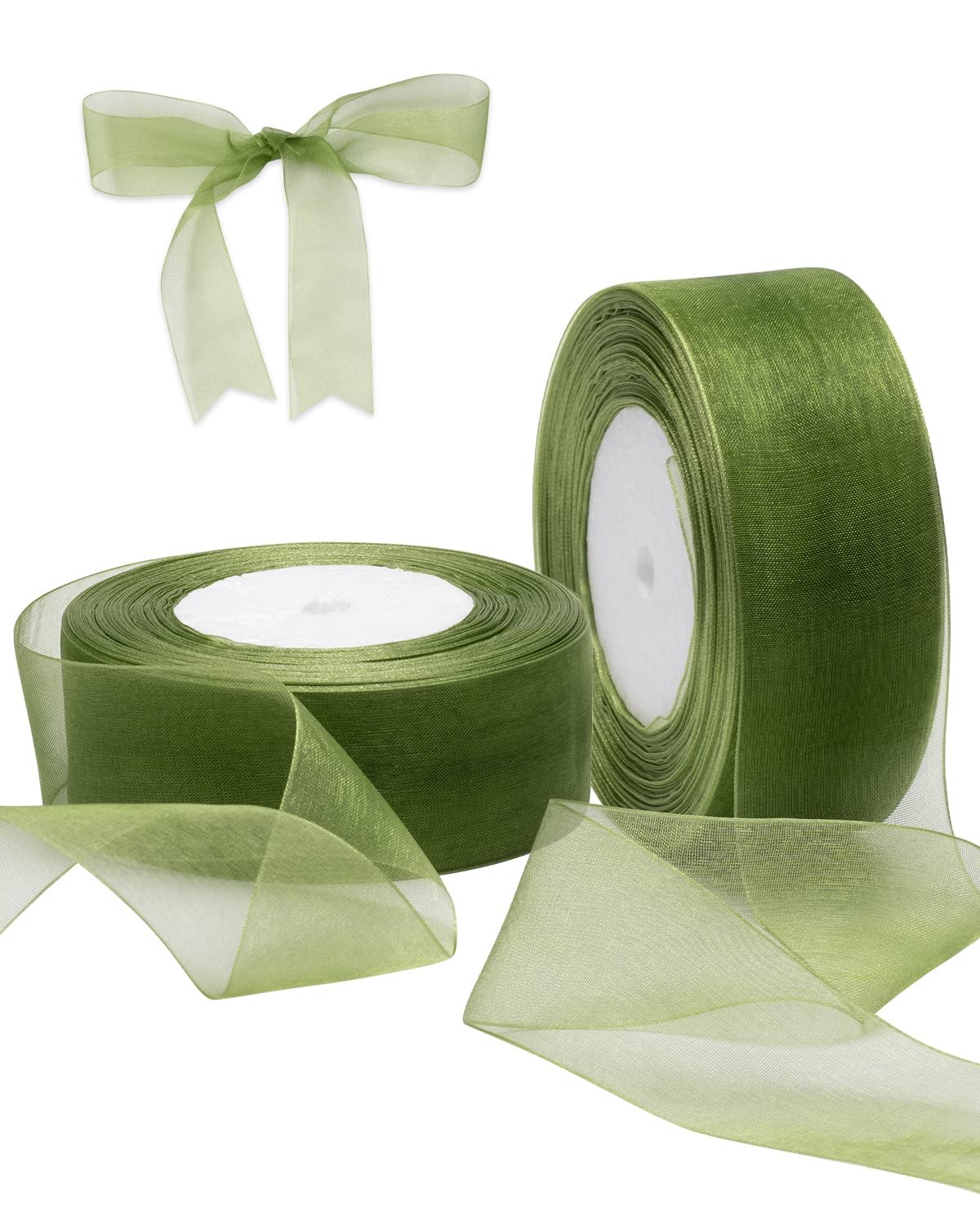 Sage Green Organza Ribbon for Gift Wrapping, FAKILO 38mm x 90 Meter heer Wrapping Wired Ribbon for Bouquet, Wedding