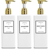 YACEYACE White With Gold Pump Shampoo Bottles Set of 3, 500ml Refillable Shower Dispenser, Rectangular Plastic Bottles with Pump, Glass & Metal Free