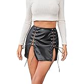 WDIRARA Women's Lace Up Front Split Hem Faux Leather Skirt High Waist Bodycon Mini Skirts