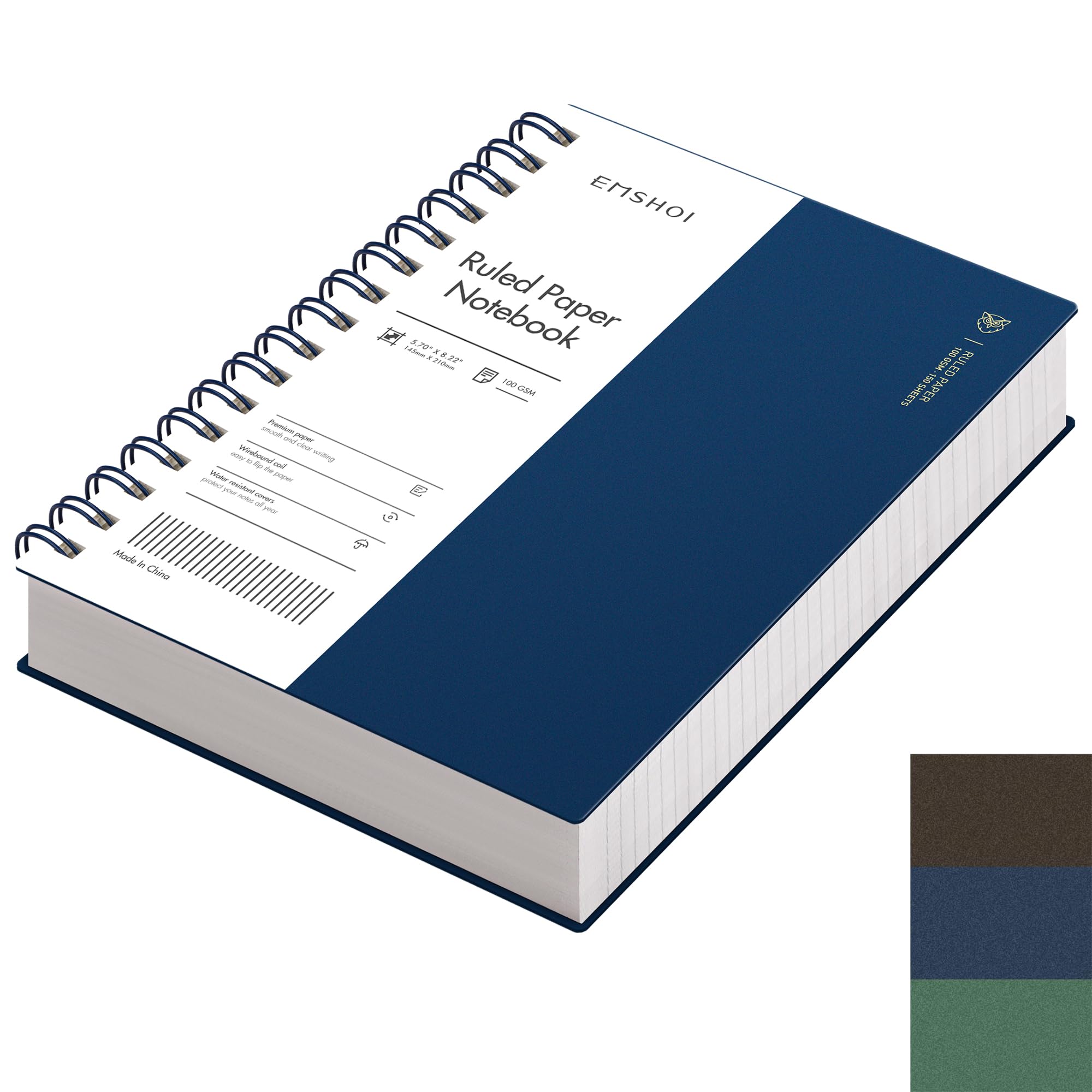 EMSHOI A5 Notebook College Ruled, Spiral Notepad 150 Sheets/300 Pages, 100gsm, PVC Cover, Sticky Notes, Pocket, Pen Loop, Ruler, Bookmark, Lined Journal for Women Men Writing, 14.5 x 21cm, Blue โ image 1