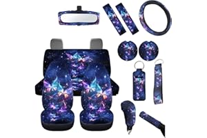 FUIBENG Galaxy Butterfly Car Seat Cover Full Sets for Women Purple Car Accessory 15Inch Butterfly Auto Steering Wheel Covers Car Rear View Mirror Covers Wristlet Keychains Coaster Car Protectors Set