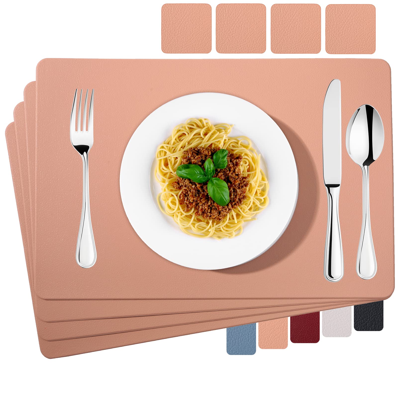 Miorkly Placemats Washable Leather Table Set PU Faux Leather Placemats Pink Set of 4 Wipeable Waterproof 45 x 30 cm and Square Glass Coasters for Home Kitchen Restaurant