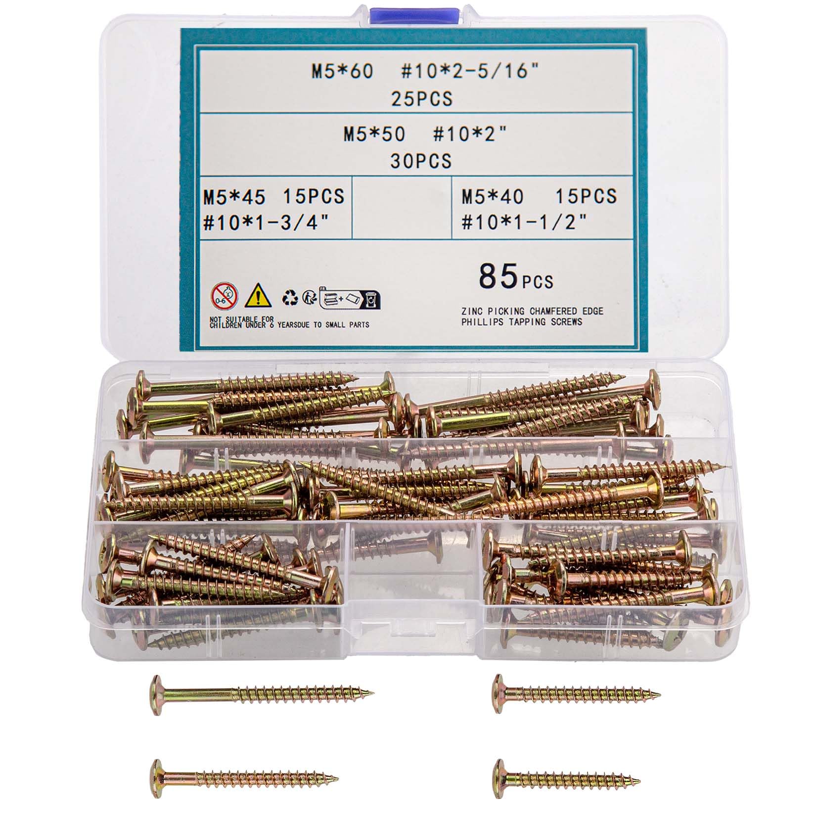 TOOINKCV 85pcs Coarse Thread Drywall Screws, Drive BugleHead Wood Screws Assortment Kit, #10 2-5/16" to 1-1/2"