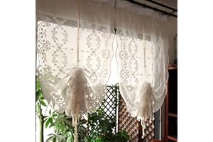 Story Untold Country Style Pull Up Balloon Sheer Curtain with Embroidered Floral Patterns Beige Tie Up Adjustable Farmhouse Window Treatment Shades Valance 1 Panel (32" Wx45 L)