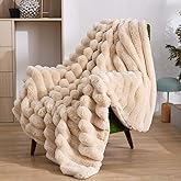 KayWing Faux Fur Throw Blanket: Beige Reversible Ultra Soft Rabbit Wide Strip Fleece - Luxury Fluffy Blanket for Sofa Bed Decor - Throw Size 50"x 60"