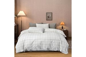 FREIUOKE White Grid Duvet Cover 100% Washed Cotton Duvet Cover,Luxury Soft Bedding with Zipper Closure.Solid Color Pattern Duvet Cover Full Size 1 Piece（80x90 Inch）