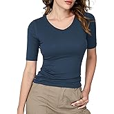 Amoretu Women's V Neck T Shirts Slim Fitted Half Sleeve Tops Basic Tees