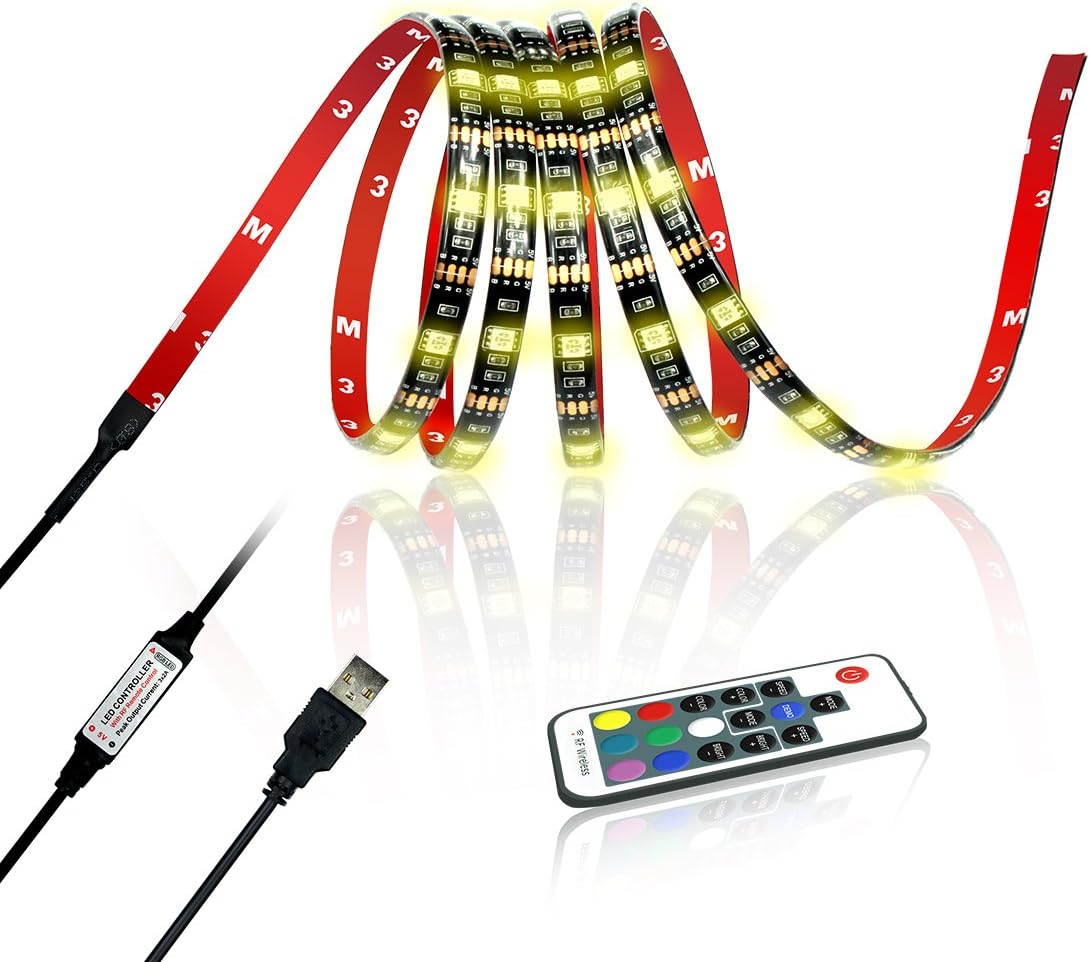 Achivy USB LED Strip Light-118 inches/3M 20 Colors RGB 5050 USB Powered Ambient Background Lighting with DC5V USB LED Controller Cable and 17 Key RF Remote for HDTV and Monitors (78 inches/2M)