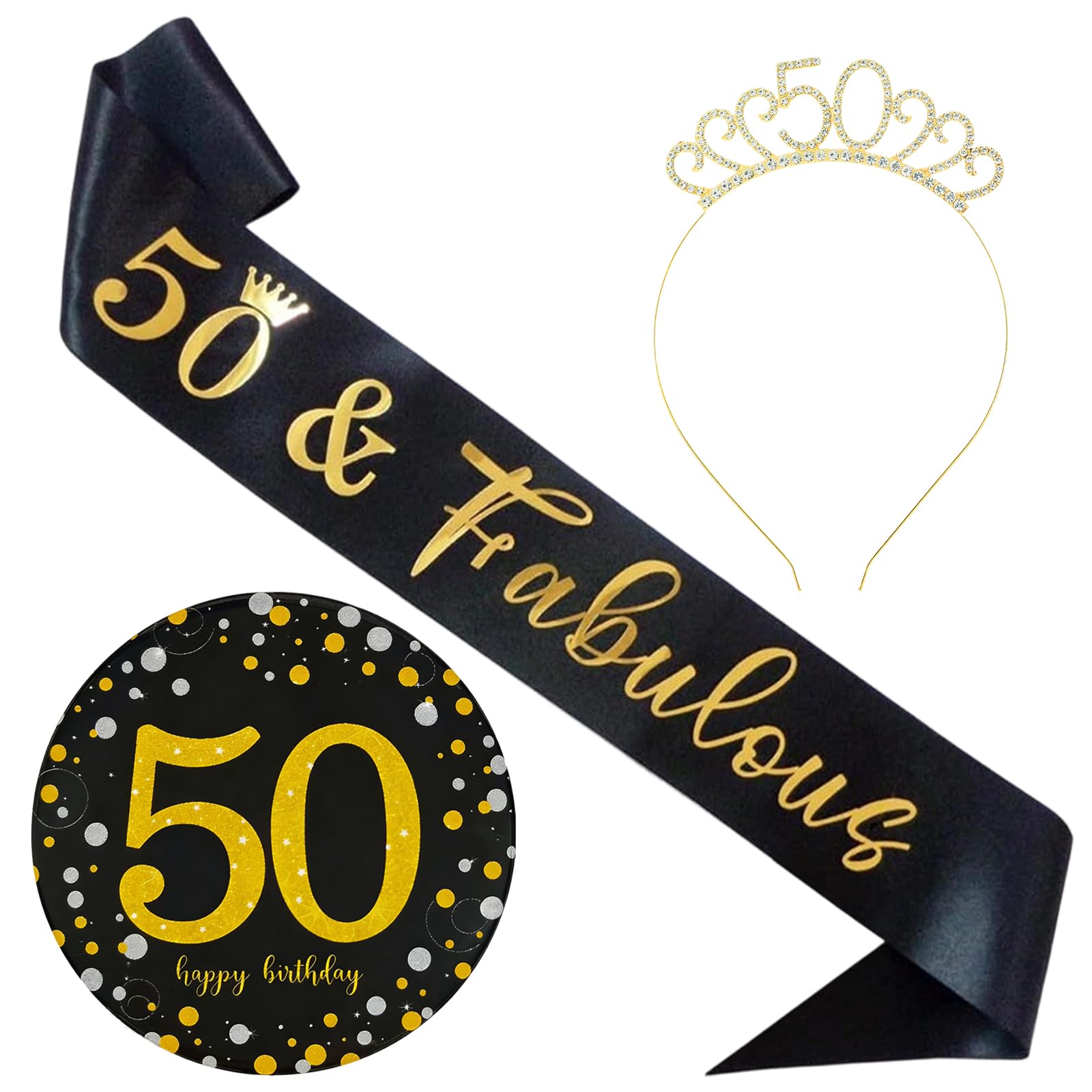 3 Pcs 50th Birthday Sash for Women Set, 50 Birthday Happy Birthdays Headband and 50th Badge, Fun 50ths Birthdays Decorations for Women Suitable for Party Decoration