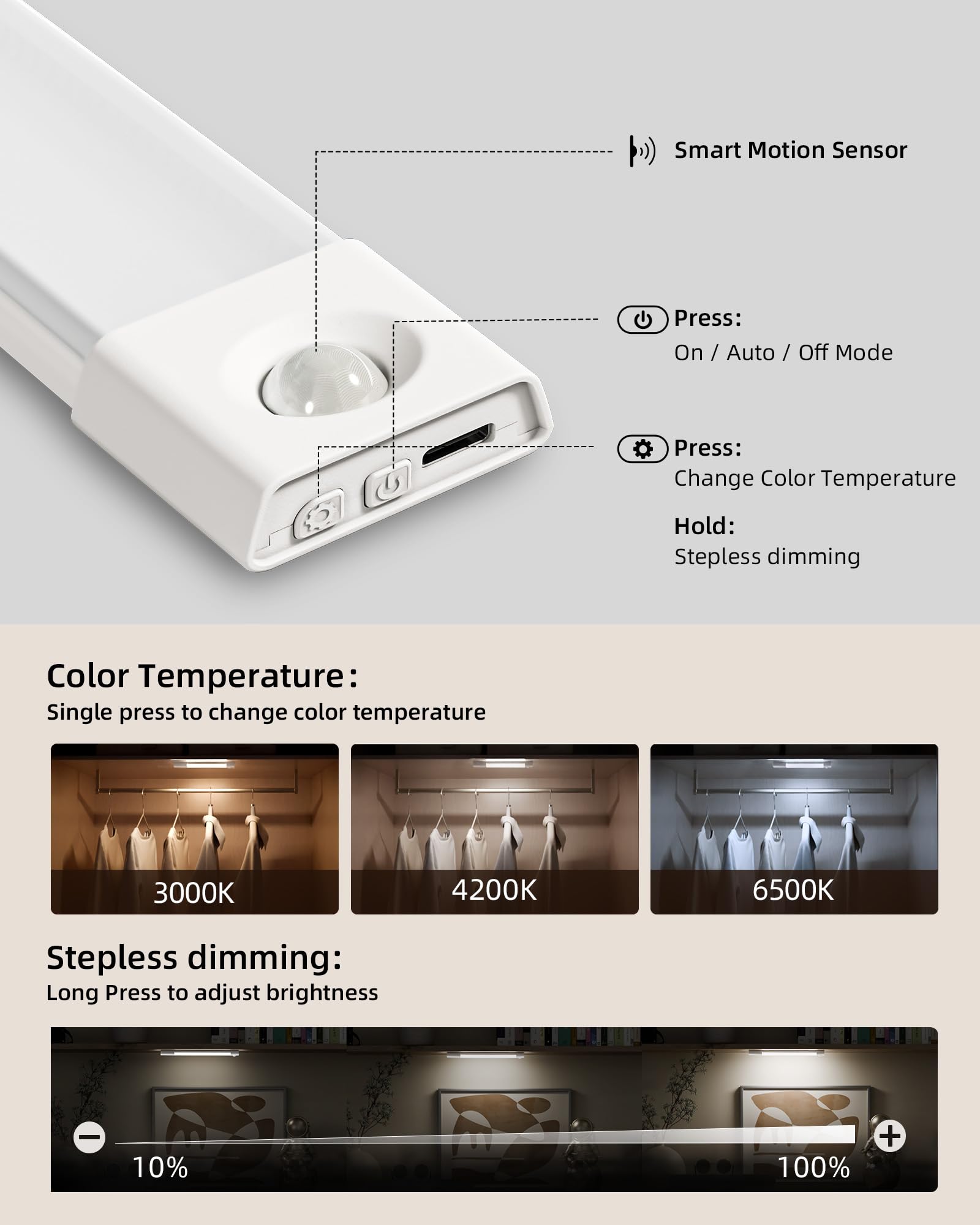 EZVALO 3 Pack 7” Motion Sensor Light Indoor, Wireless Under Cabinet Lighting, 30 LED Rechargeable Closet Lights, Dimmable, 3 Color Temperatures, Counter Lights for Wardrobe, Pantry, Bedroom, Kitchen