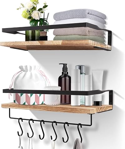 Himaly Floating Shelves Set of 2 Rustic Wall Shelves with Hooks and Guardrail