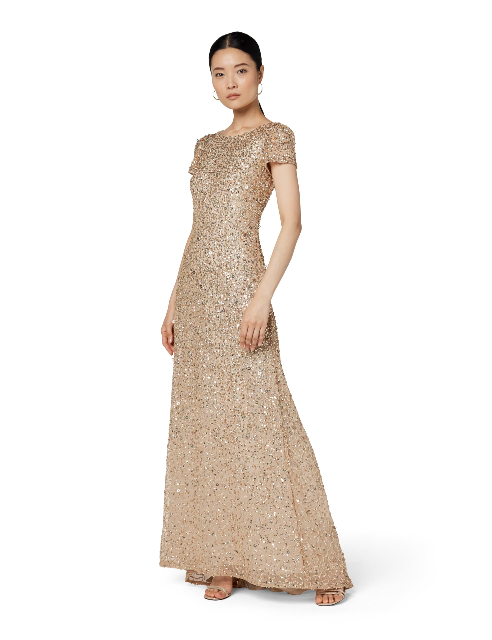 Adrianna Papell Women’s Scoop Back Long Dress | Floor Length Sequin Gown with Scoop Back & Glamorous Train Detail, Champagne/Gold, 18