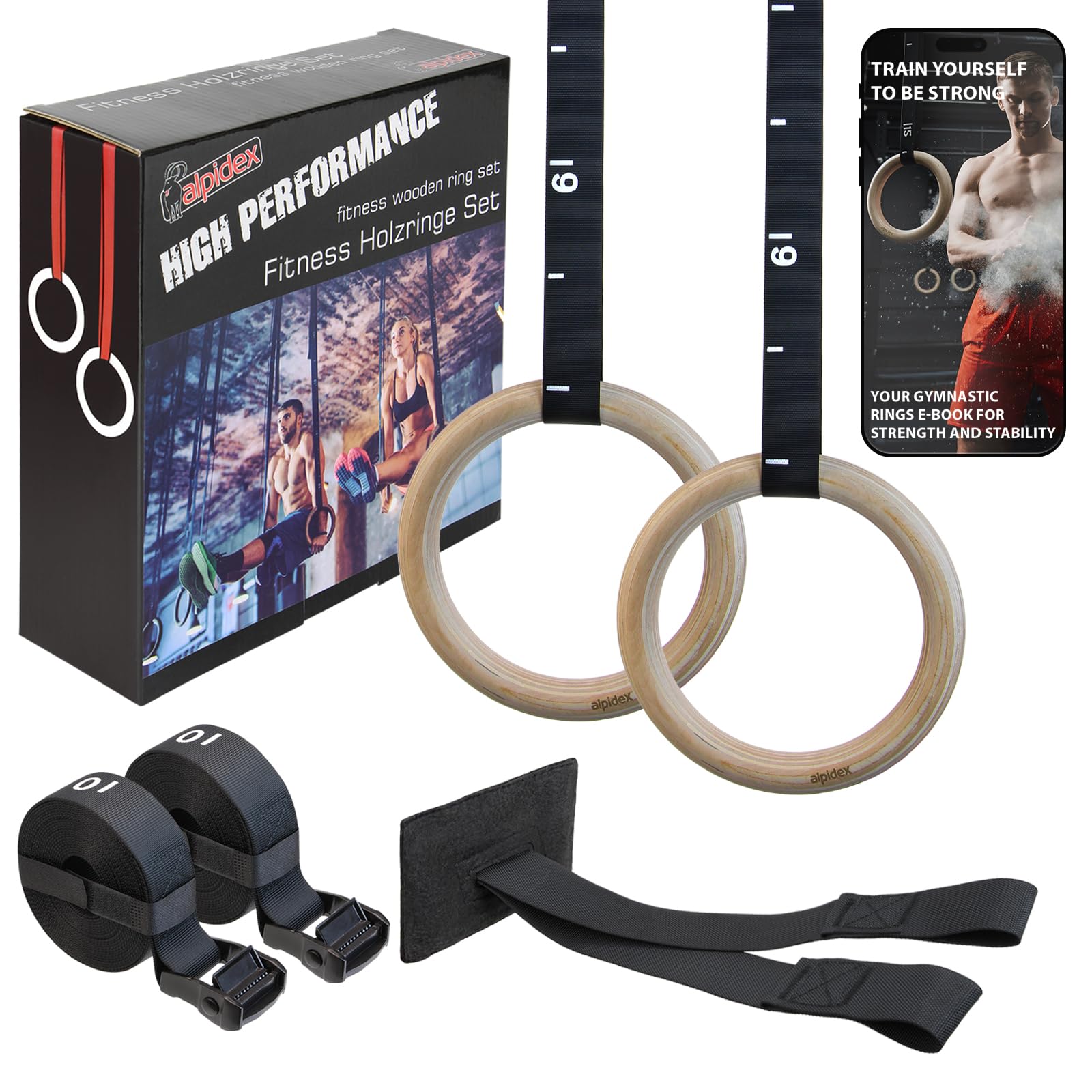 ALPIDEX wood gym rings gymnastic rings including door anchor and fastening loops | incl. e-book with exercises
