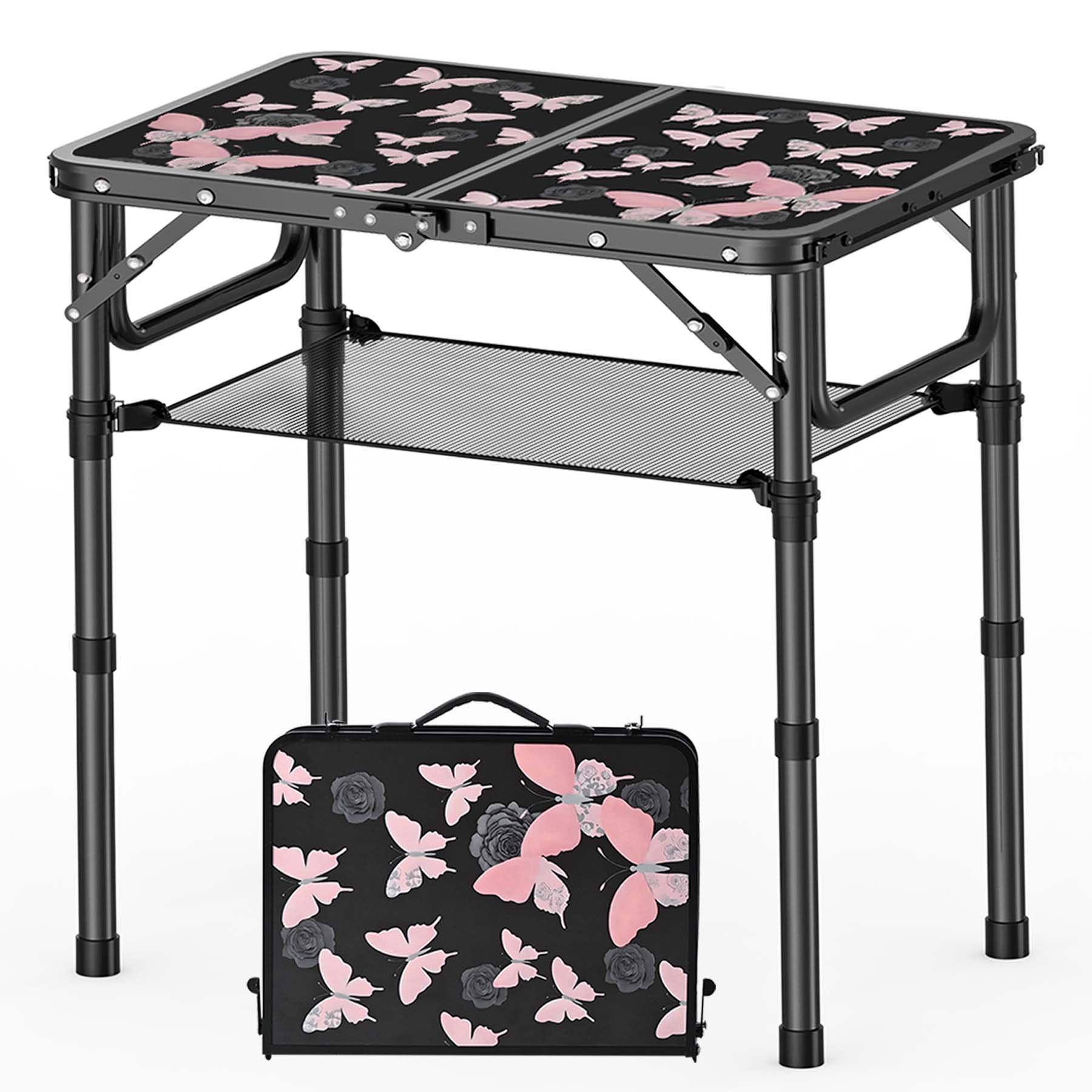 Photo 1 of YihuiKo Small Camping Table, Vintage French Butterflies Pattern Folding Table, Adjustable Height, Lightweight & Portable Outdoor Picnic Table with Carry Handle for Patio, Living Room, Travel