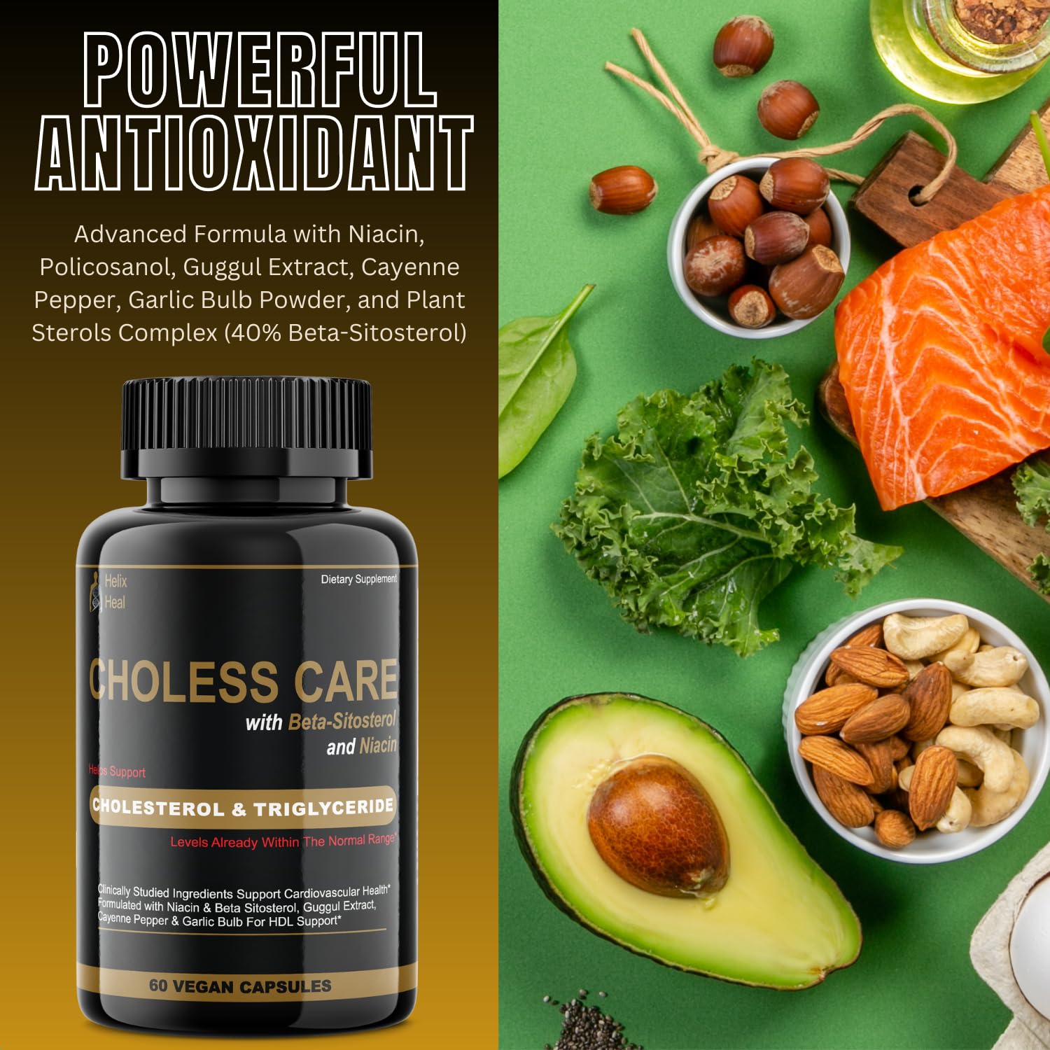 Cholesterol Supplement - Triglycerides Support Capsules w. Organic, Odorless Garlic, Cayenne Pepper, Plant Sterols to Support Normal HDL and LDL Cholesterol Levels w. Antioxidant Niacin (Vitamin B3)