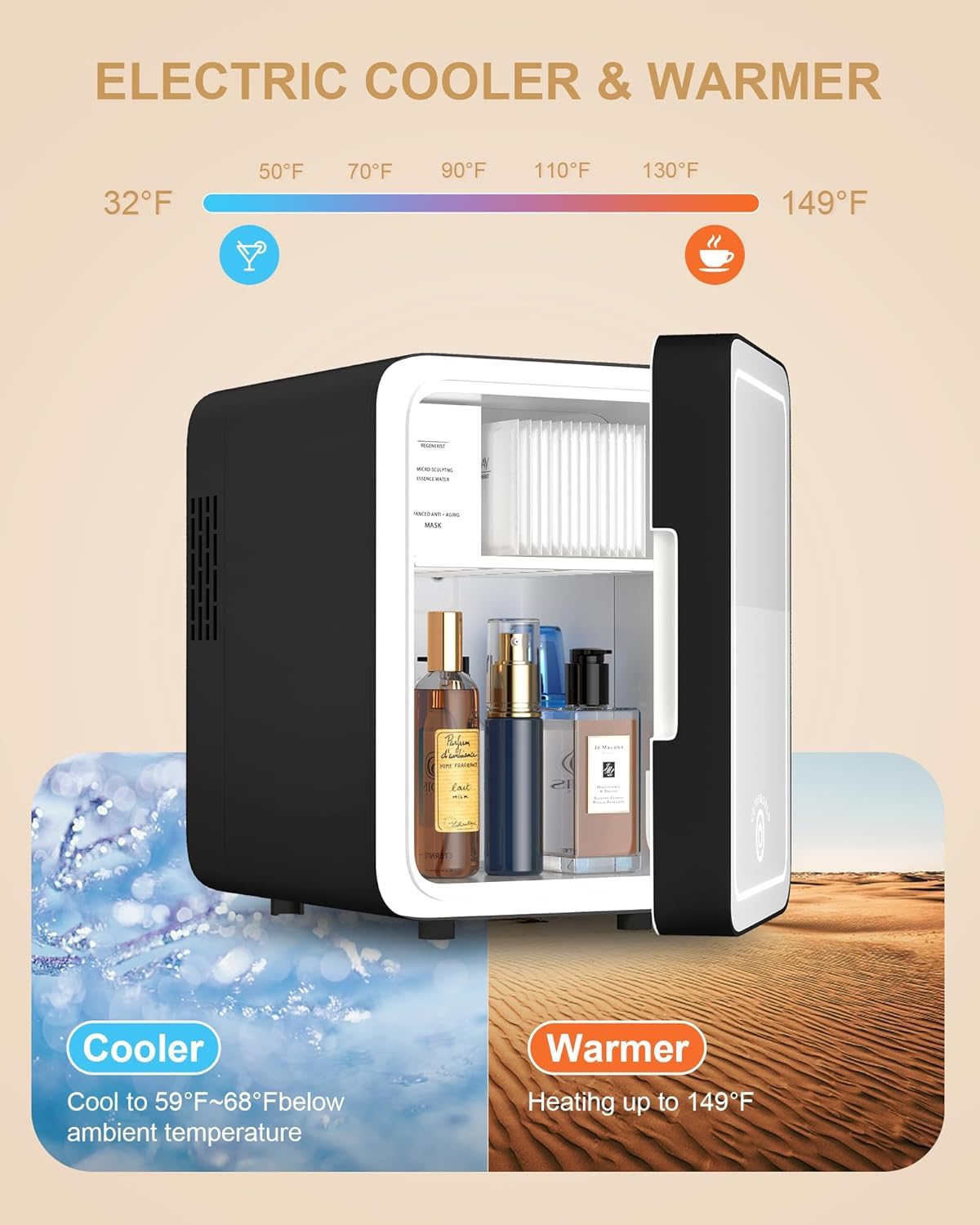 CUTIEWORLD Makeup Fridge With Dimmable LED Light Mirror, 4L Mini Fridge for Bedroom, Car, Office & Dorm, Cooler & Warmer, Portable Small Refrigerator for Cosmetics, Skin Care and Food, Black - Image 5