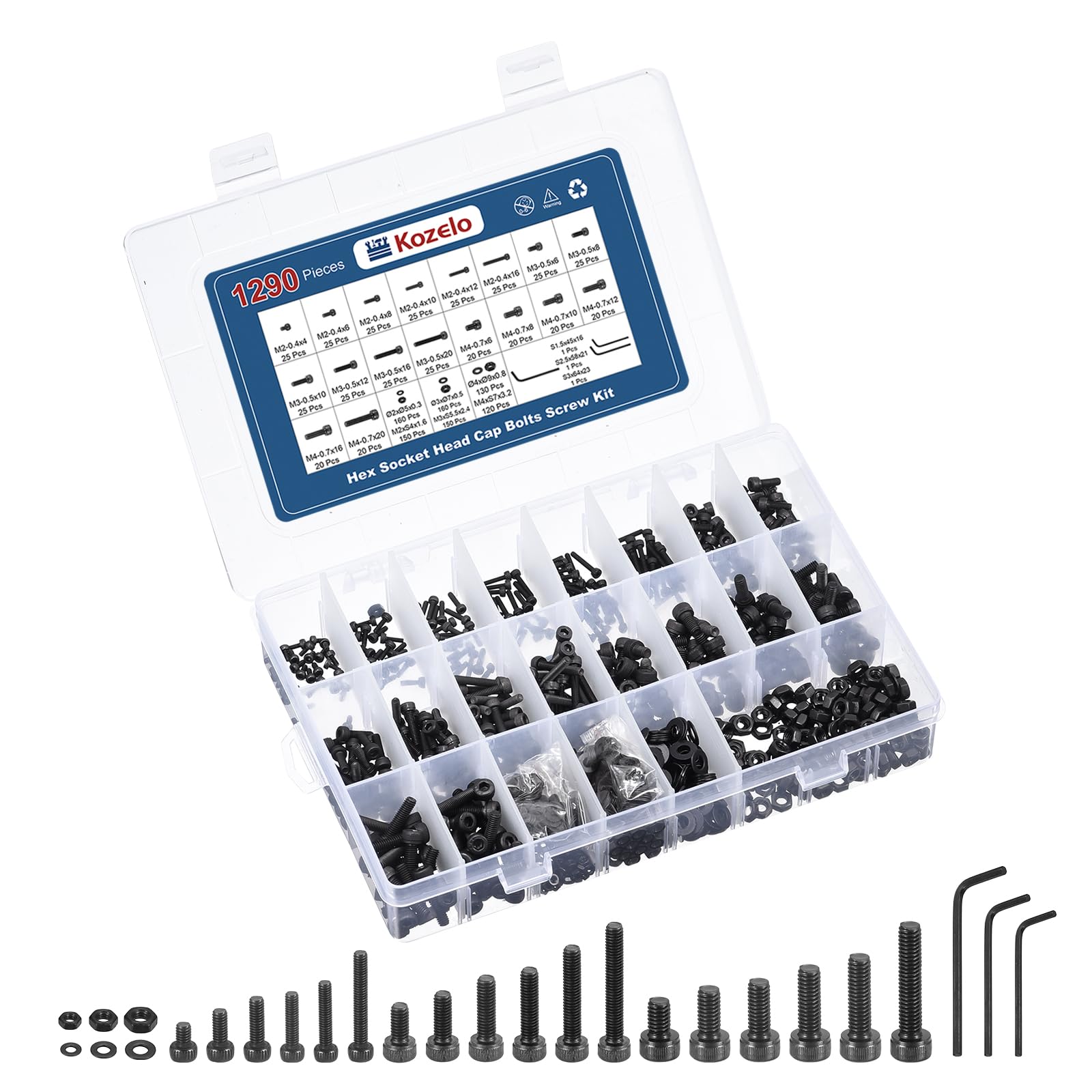 Kozelo 1290pcs Socket Head Cap Screws Bolts Nuts Assortment Kit - [M2/M3/M4] Alloy Steel Black Oxide 12.9 Internal Hex Screw for 3D Printer Use, with Wrench