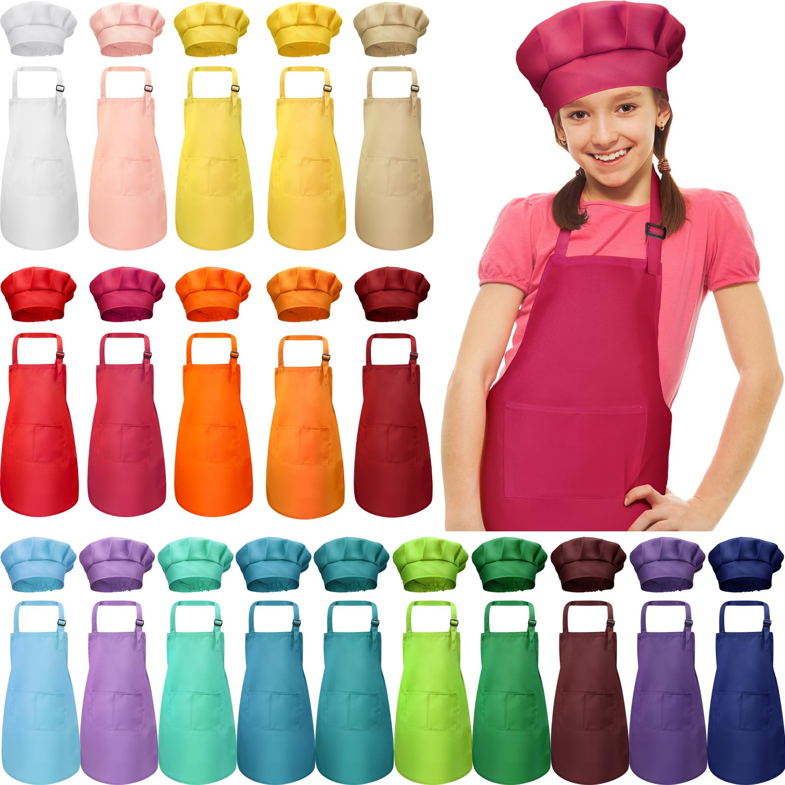 Photo 1 of 40 Pcs Kids Apron Chef Hat Set Boys Girls Aprons Chef Apron Hats Bulk for Cooking Painting Children's Bib Apron 7-13 Years (Mixed Color)