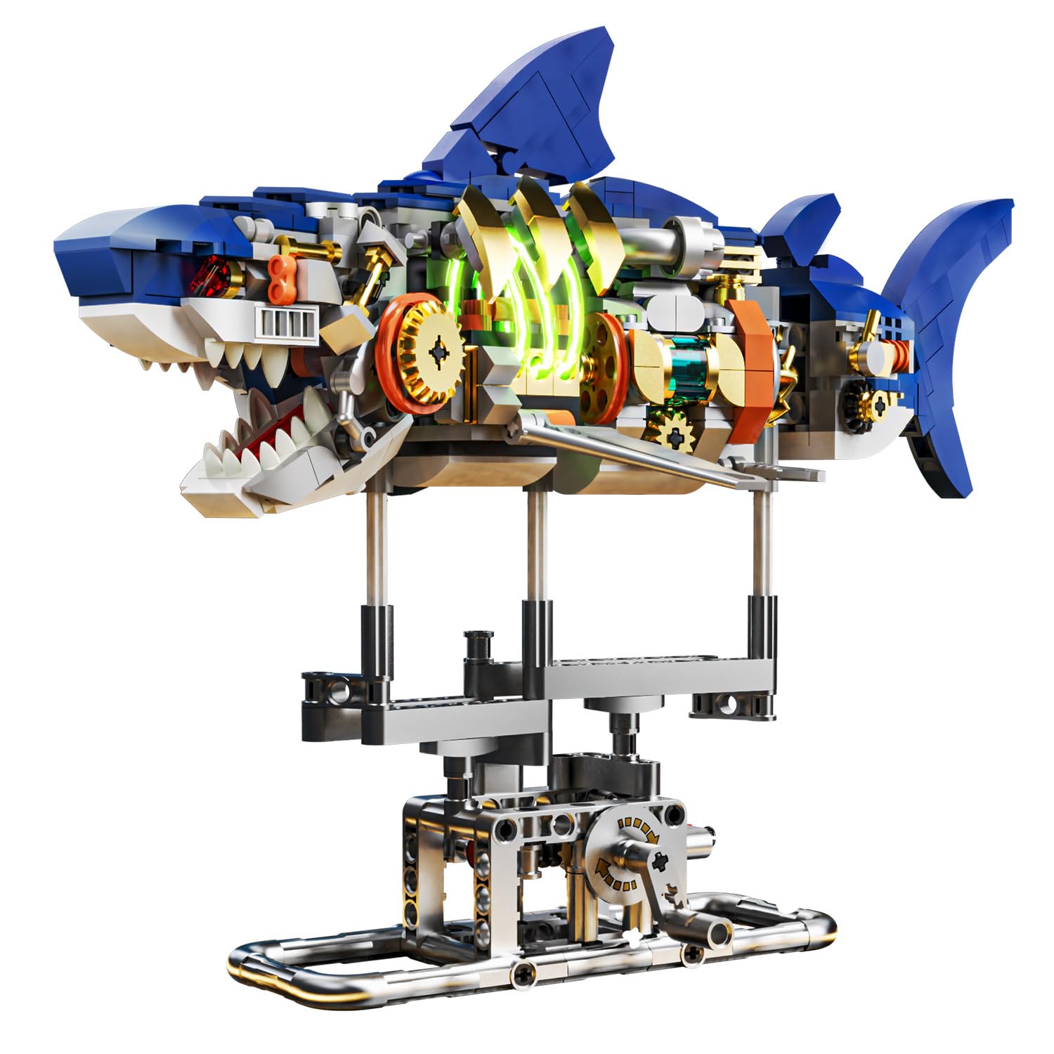 INSOON Shark Building Set with Swingable Body & Light, 687 PCS Sea Animal Building Block Toy with Display Stand, Home Decor Collection Brick Kit for Adults, Creative Gift Idea for Kids Boys Ages 12+